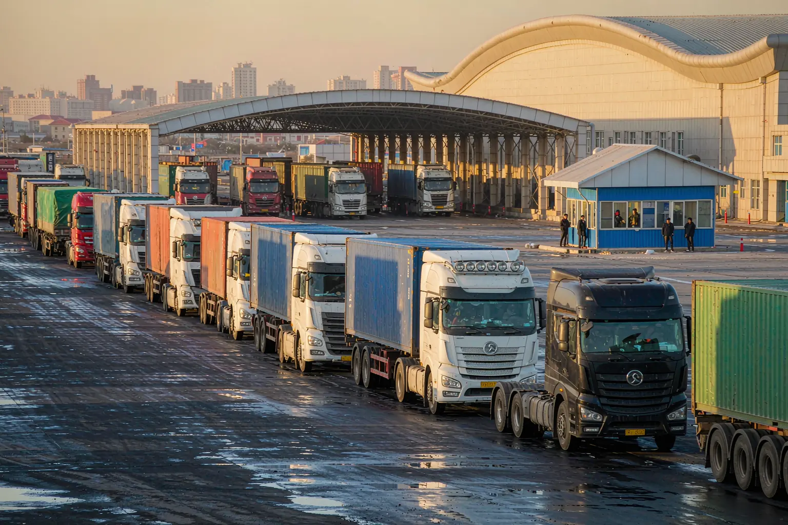 Trucks queuing for customs inspection at Khorgos border port on the China to Iran road freight route