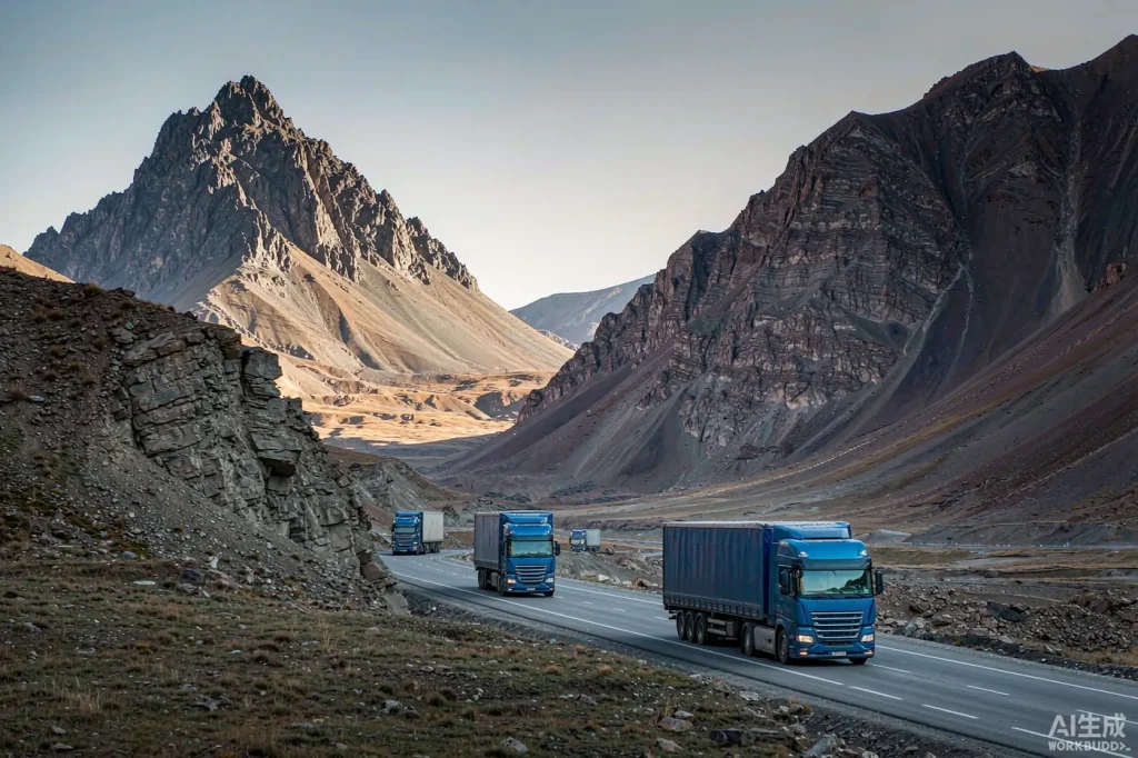 Freight trucks on a mountain highway in the Caucasus on the China to Armenia route 2026