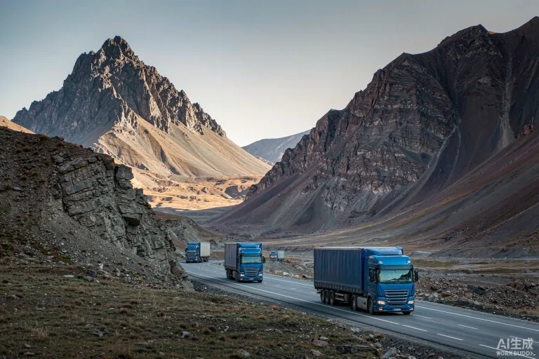 Freight trucks on a mountain highway in the Caucasus on the China to Armenia route 2026