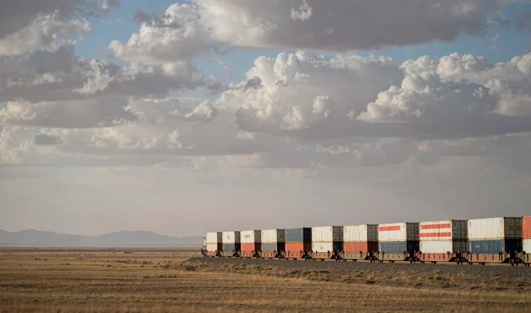 Container train crossing the Central Asian steppe - China-Iran rail