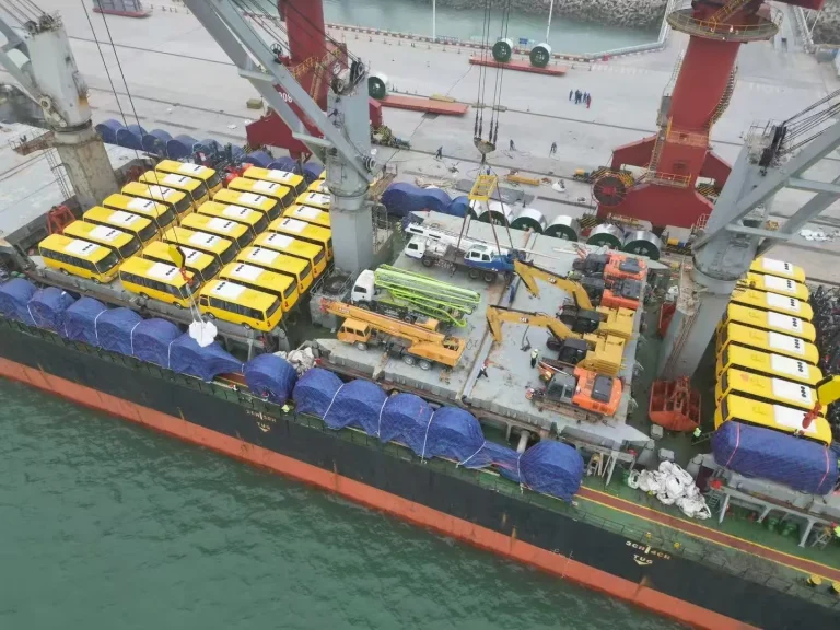 Aerial view of break-bulk loading operations at a Chinese port for Cuba shipments