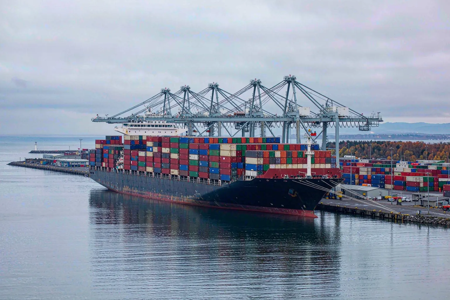 Container ship at a Baltic Sea port terminal serving Kaliningrad cargo routed from China
