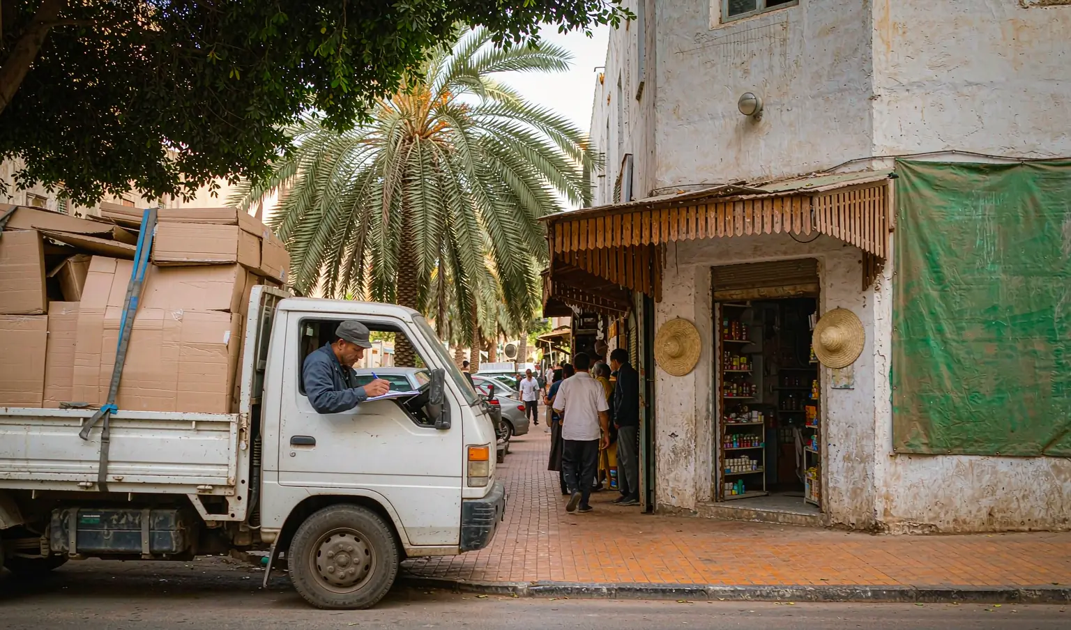 Delivery truck unloading boxes at a storefront in a Middle Eastern city - door-to-door DDP delivery in Lebanon by CargoSolid