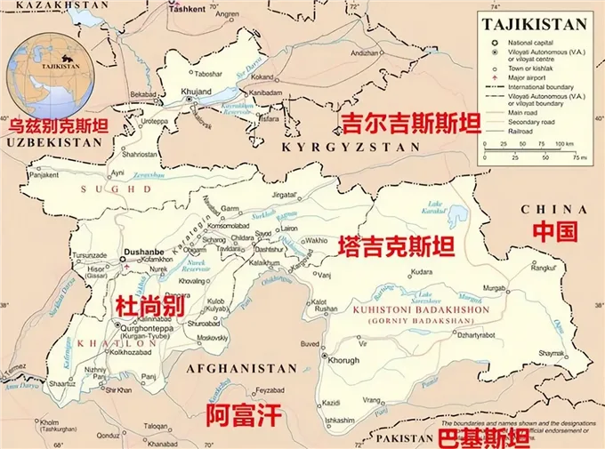 Map of Tajikistan and Central Asia showing routes from China through Kyrgyzstan and Uzbekistan