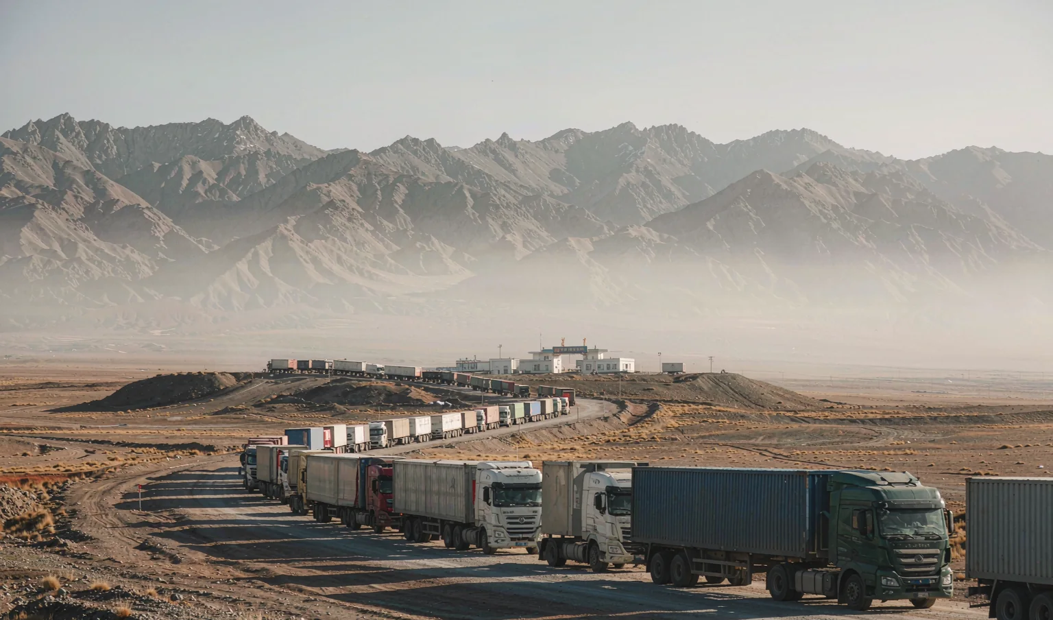 Trucks queuing at an inland border checkpoint on a dry steppe plateau - China-Central Asia border crossing by CargoSolid
